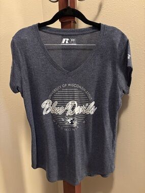 Russell Athletic Navy V-Neck UW-Stout 'Blue Devils' Graphic Tee